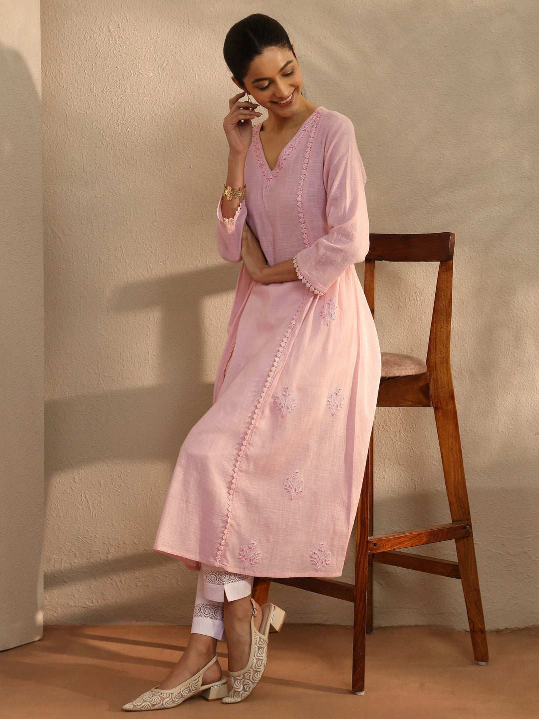 Pink Embroidered Cotton A-Line Kurta