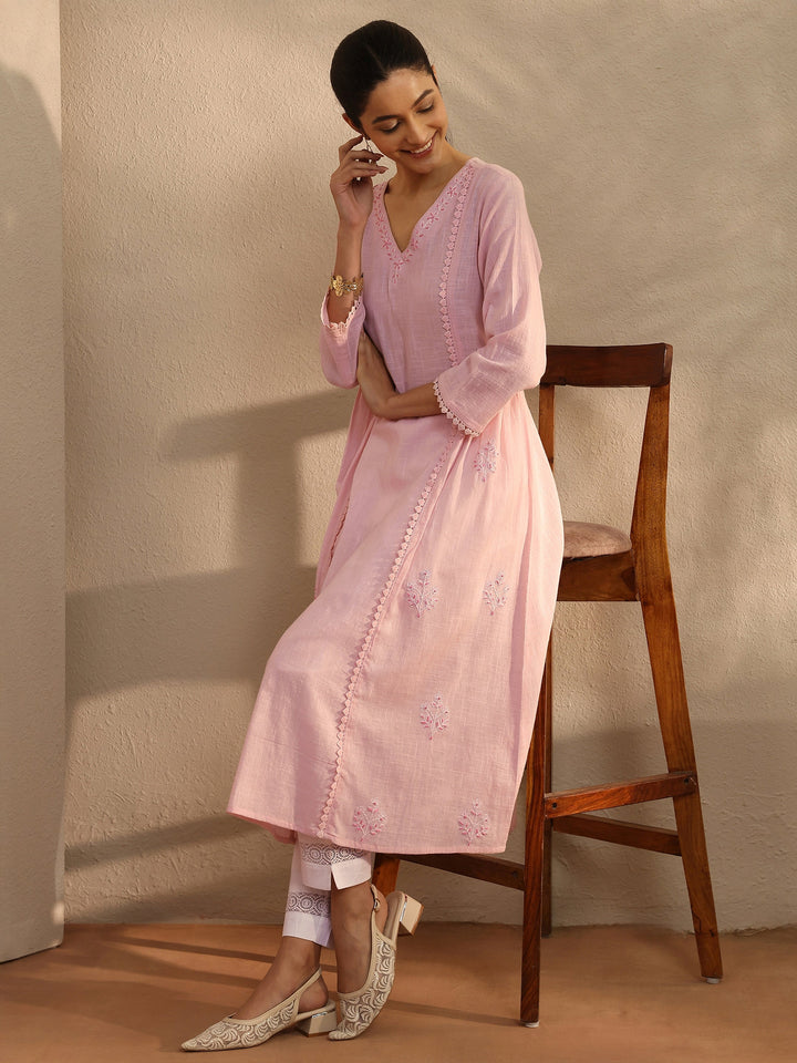 Pink Embroidered Cotton A-Line Kurta