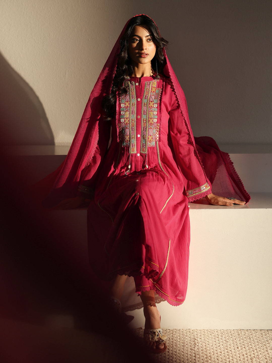 Pink Embroidered Cotton A-Line Suit Set With Dupatta