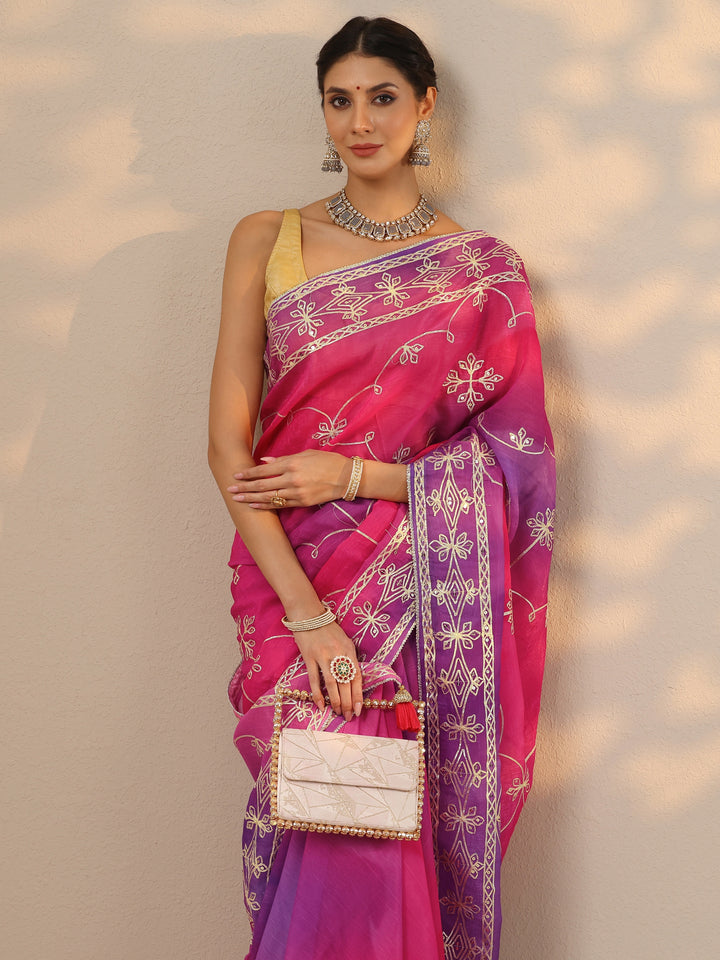 Pink Embroidered Organza Saree With Unstitched Blouse Piece