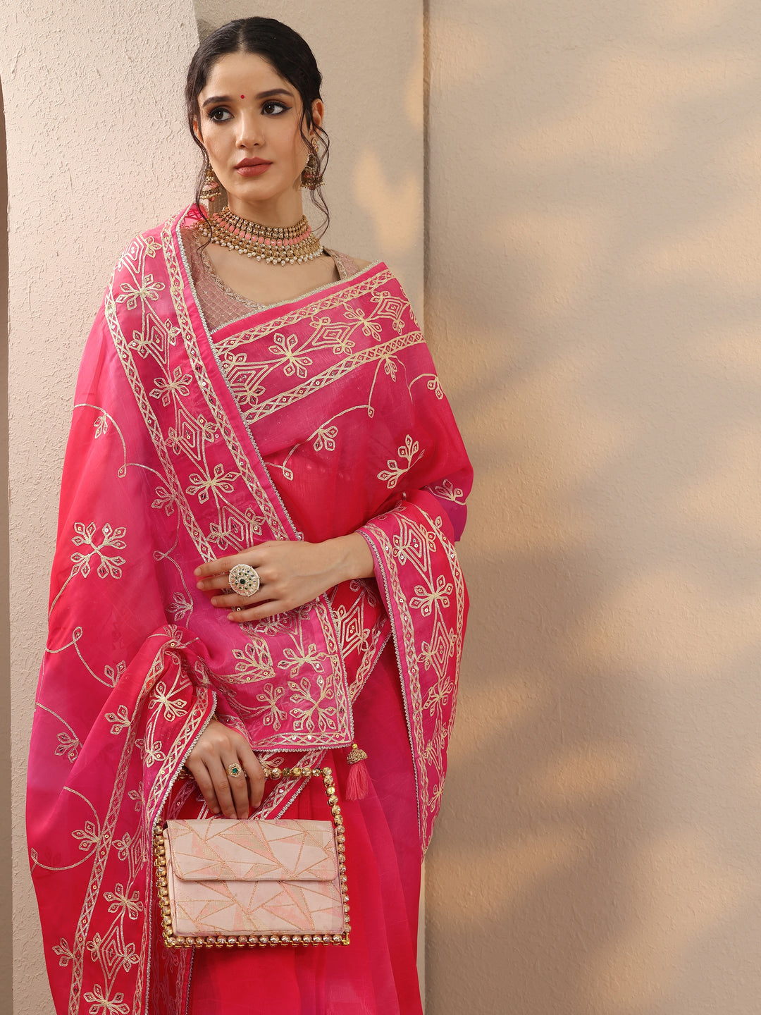 Pink Embroidered Organza Saree With Unstitched Blouse Piece