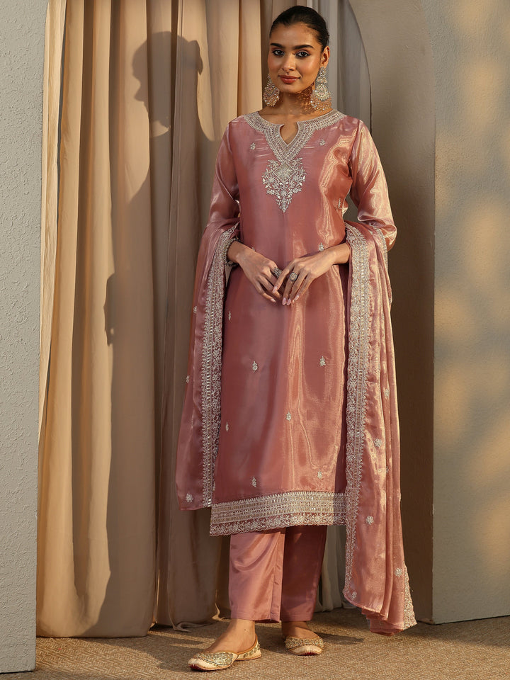 Pink Embroidered Organza Straight Suit Set With Dupatta