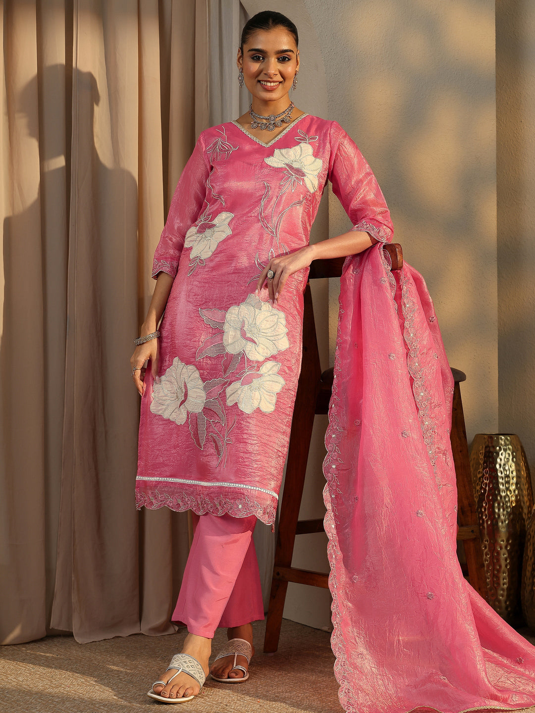 Pink Embroidered Organza Straight Suit Set With Dupatta