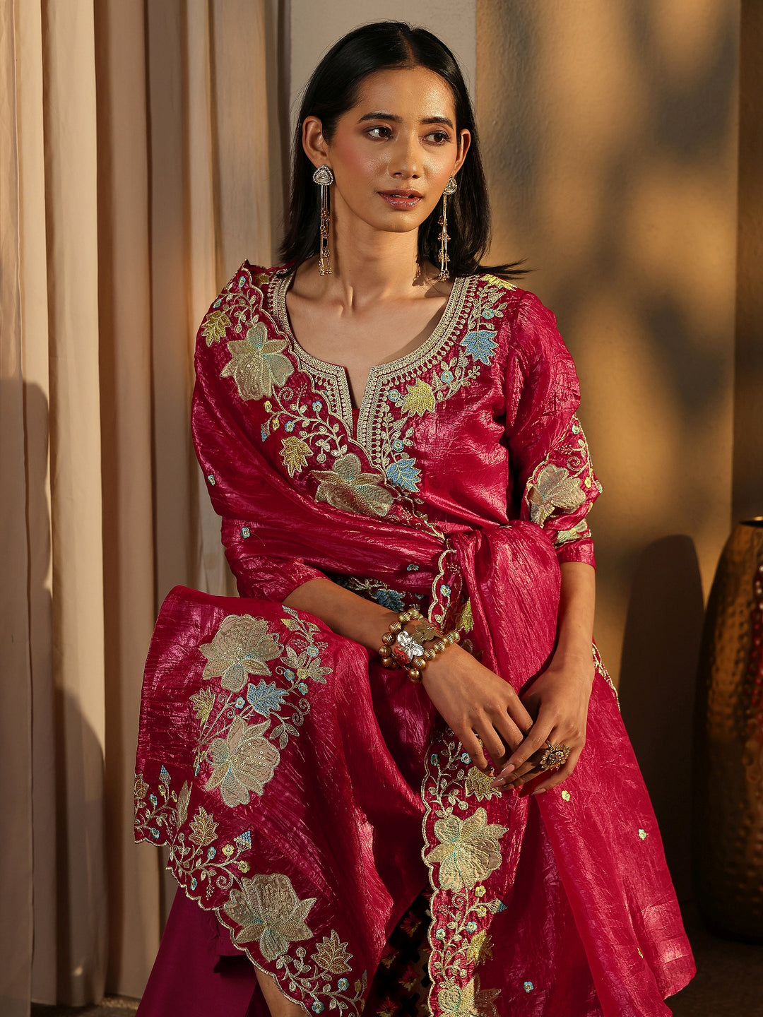 Pink Embroidered Organza Straight Suit Set With Dupatta