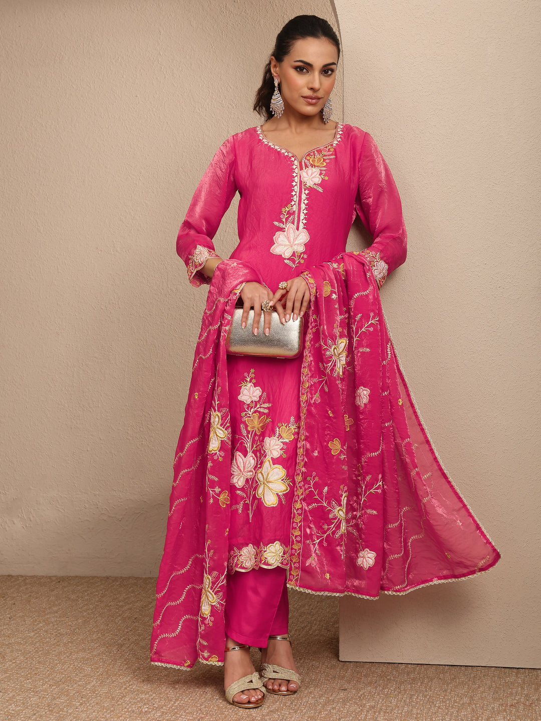 Pink Embroidered Organza Straight Suit Set With Dupatta