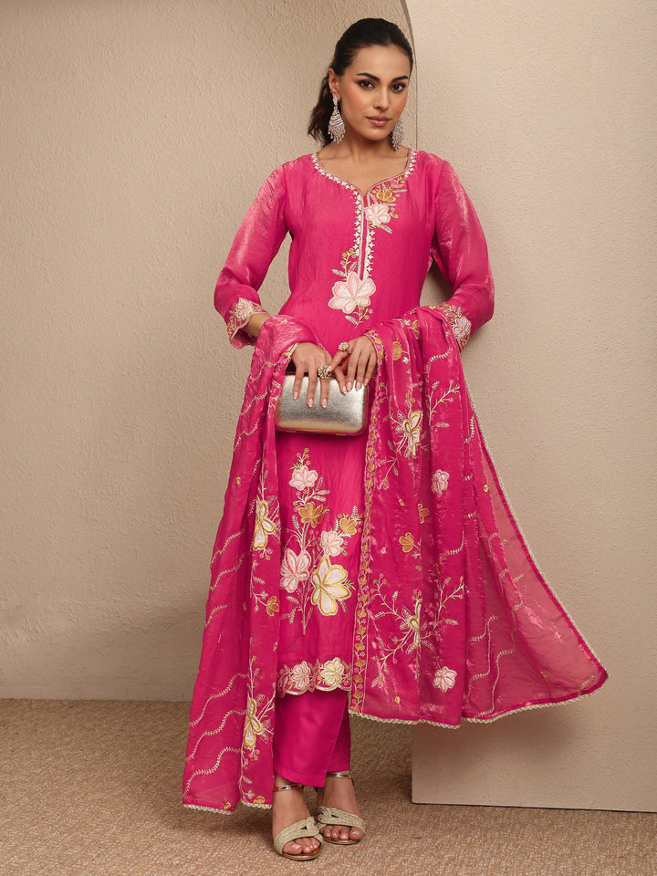 Pink Embroidered Organza Straight Suit Set With Dupatta