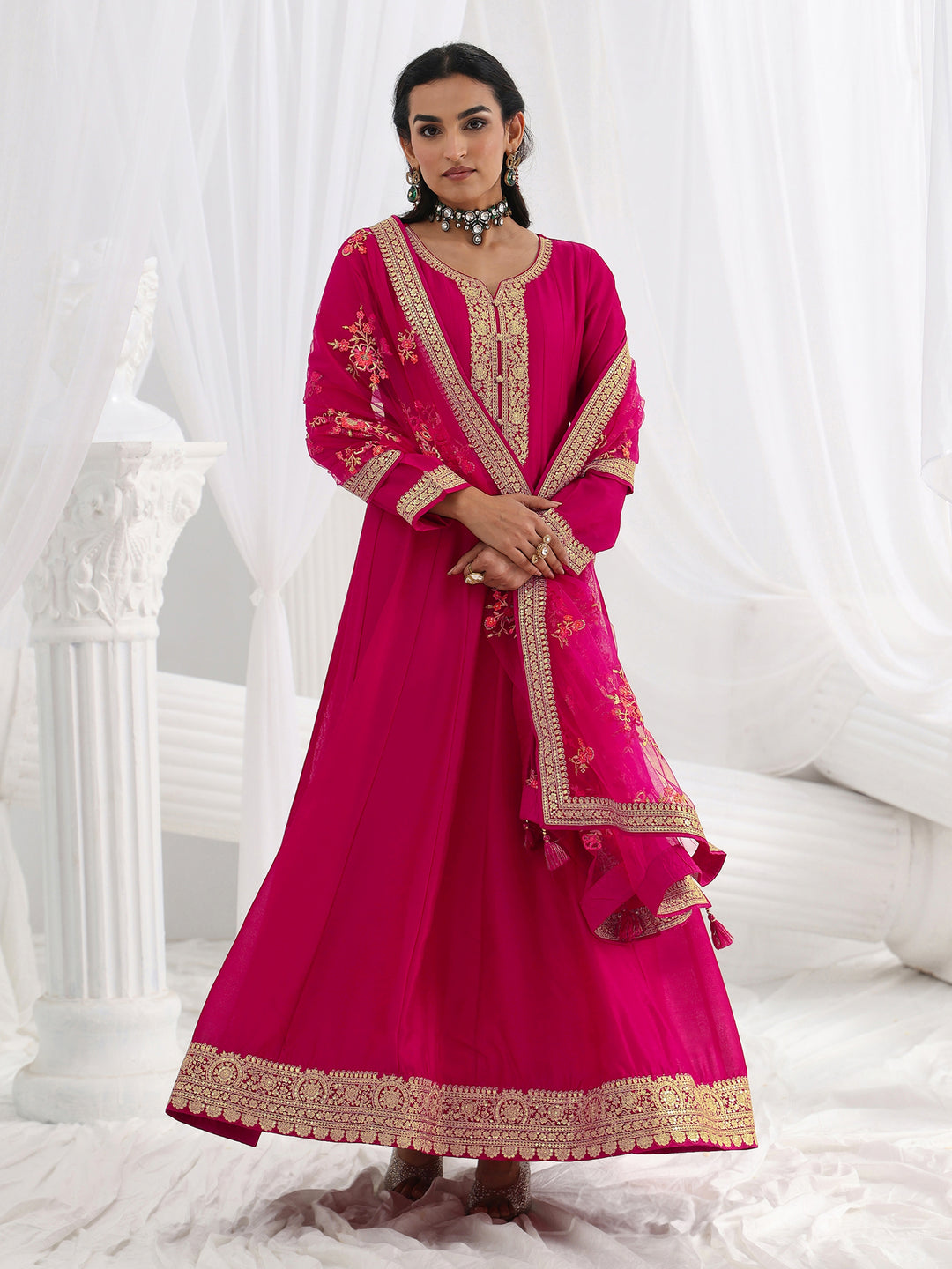 Pink Embroidered Silk A-Line Gown With Dupatta