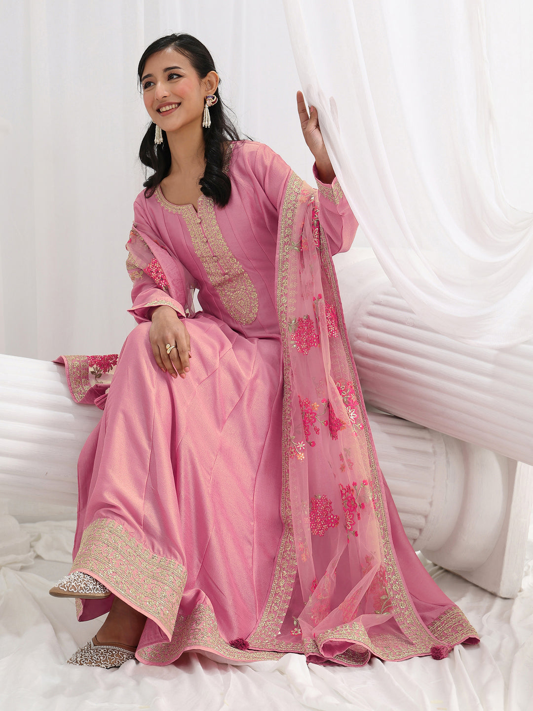 Pink Embroidered Silk A-Line Gown With Dupatta