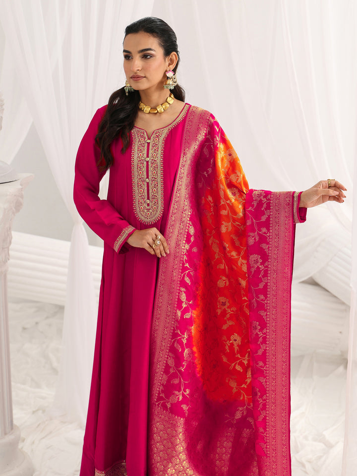 Pink Embroidered Silk A-Line Gown With Dupatta