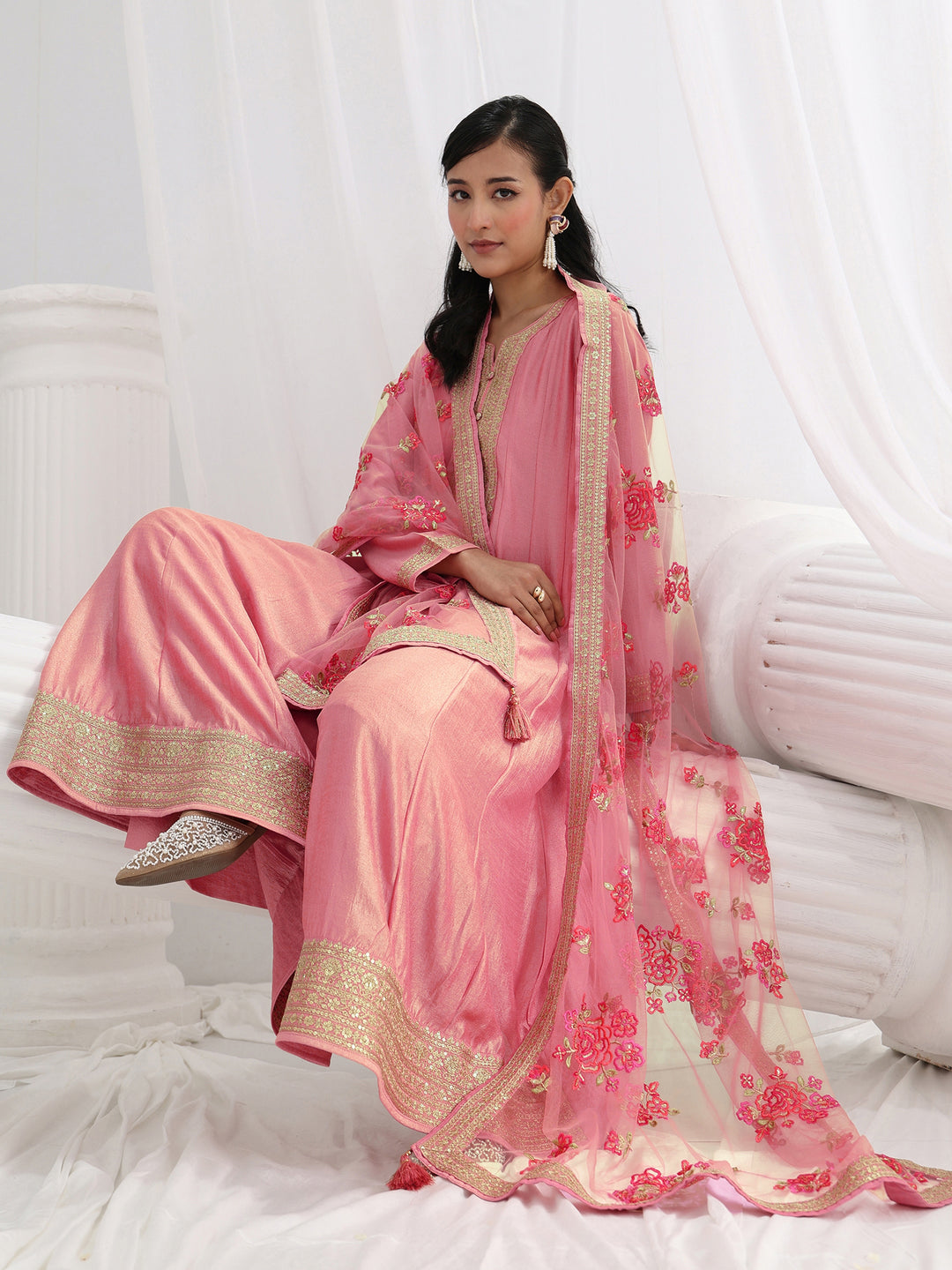 Pink Embroidered Silk A-Line Gown With Dupatta