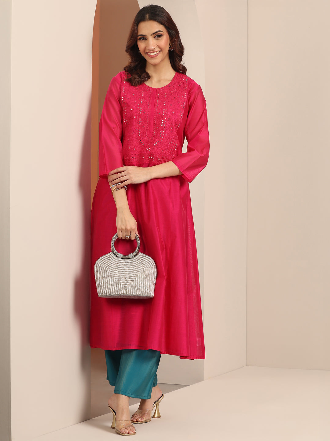 Libas Pink Embroidered Silk Blend A-Line Kurta Libas Pink Embroidered Silk Blend A-Line Kurta