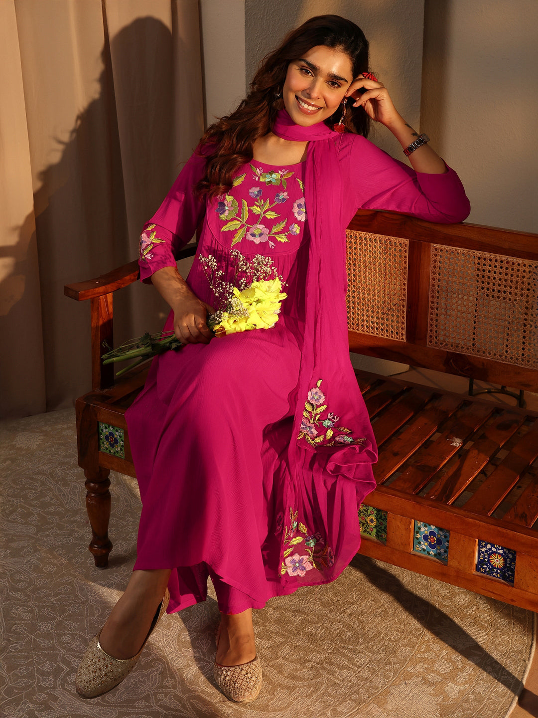 Pink Embroidered Silk Blend A-Line Suit Set With Dupatta