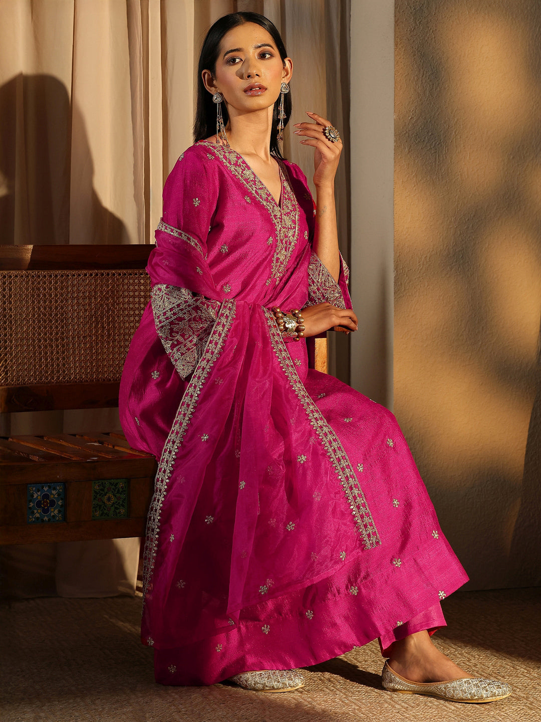 Pink Embroidered Silk Blend A-Line Suit Set With Dupatta
