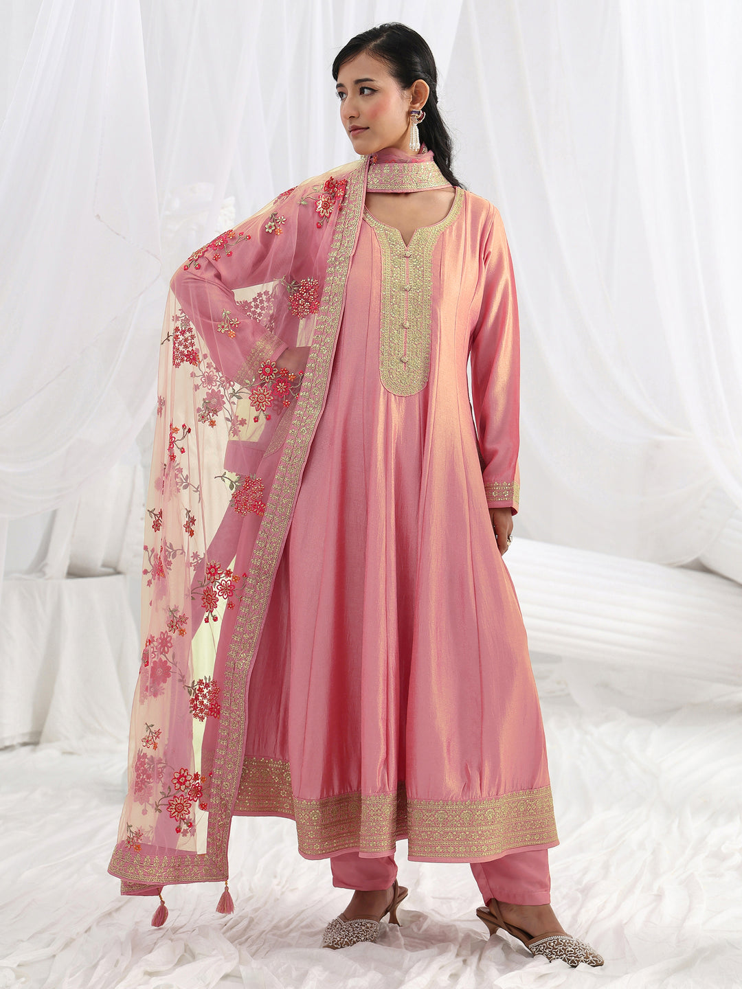 Pink Embroidered Silk Blend A-Line Suit Set With Dupatta