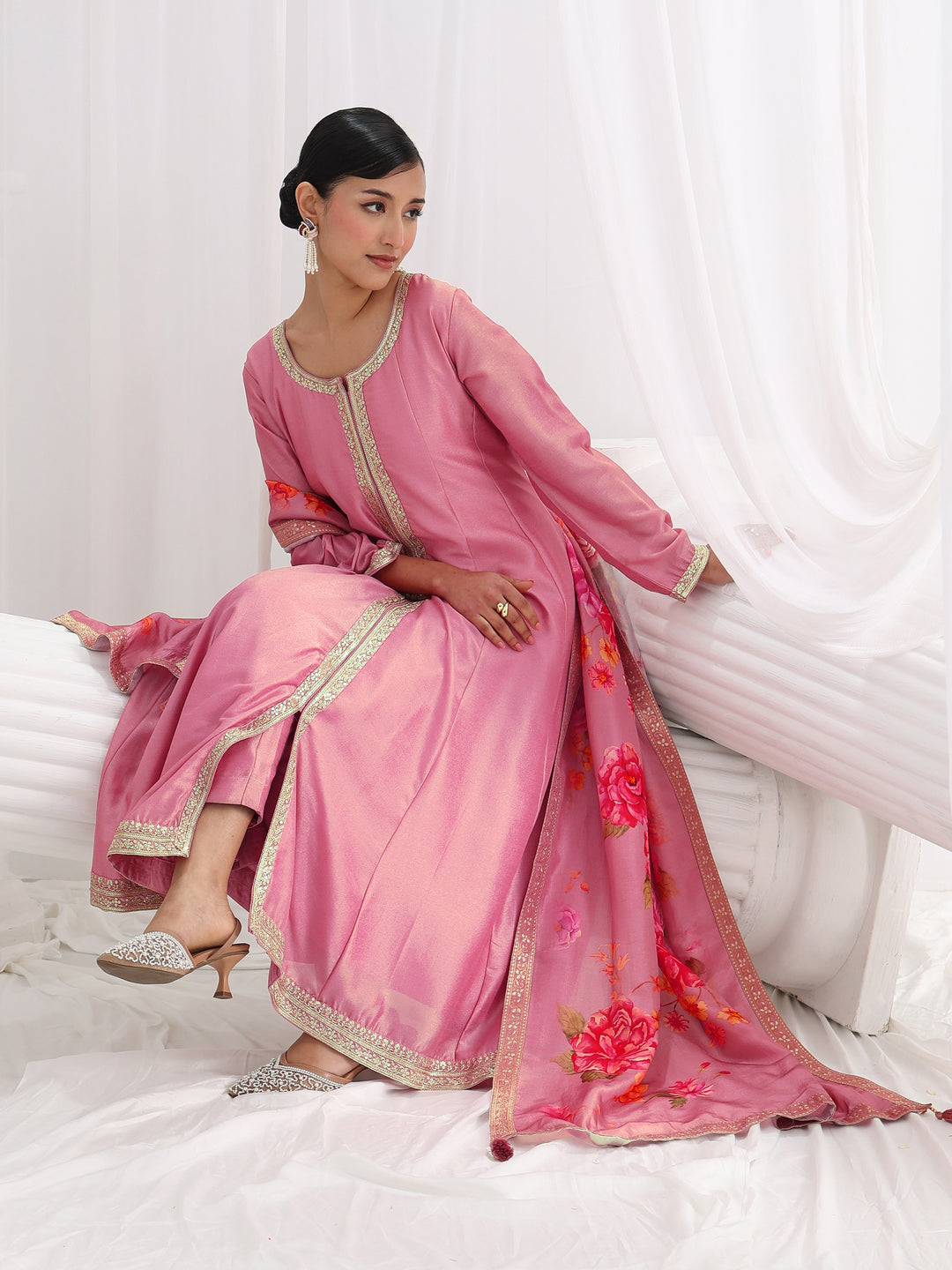 Pink Embroidered Silk Blend A-Line Suit Set With Dupatta