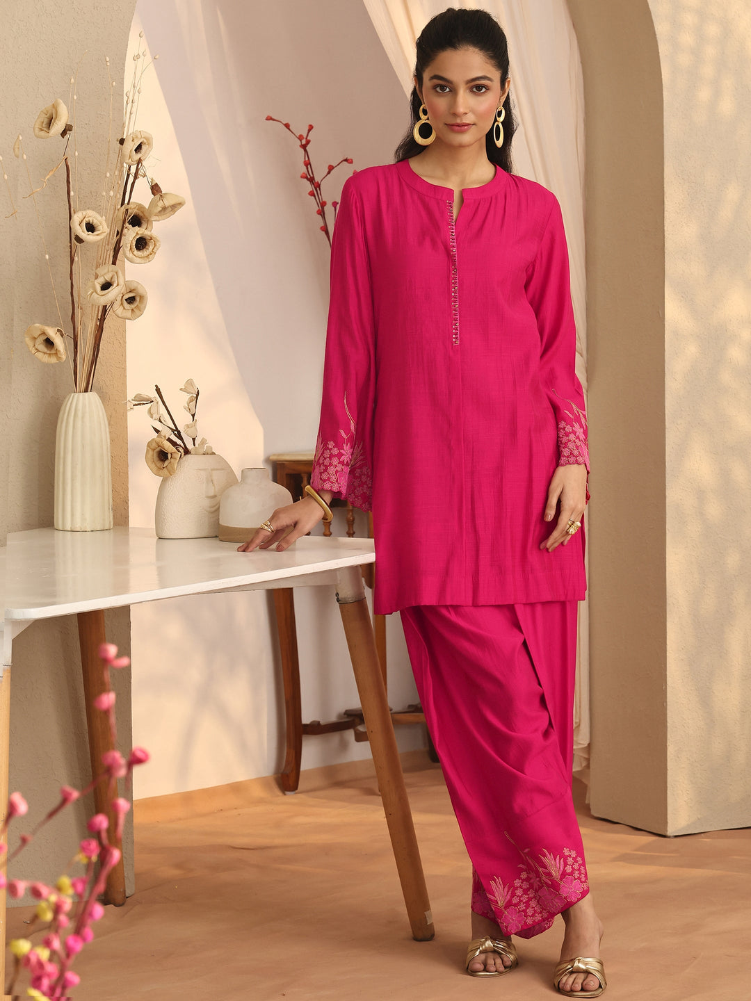Pink Embroidered Silk Blend Co-Ord Sets