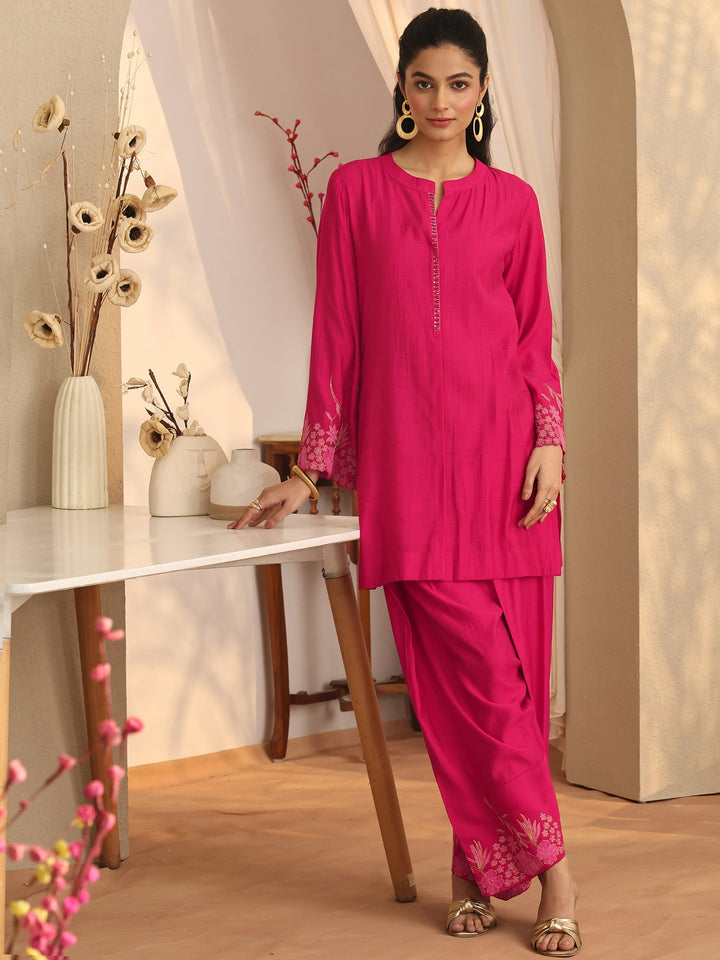 Pink Embroidered Silk Blend Co-Ord Sets