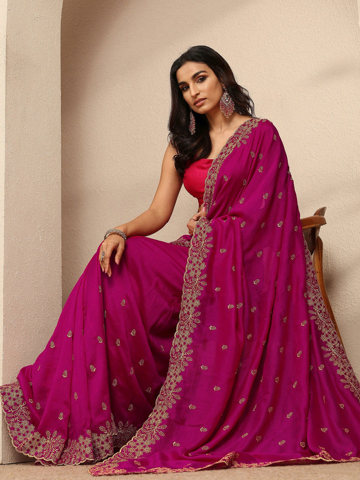 Pink Embroidered Silk Blend Saree With Unstitched Blouse Piece