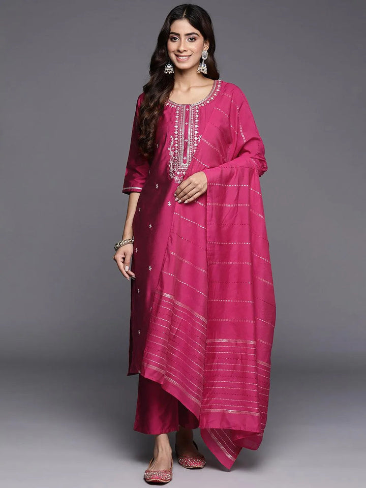 Pink Embroidered Silk Blend Straight Suit With Dupatta