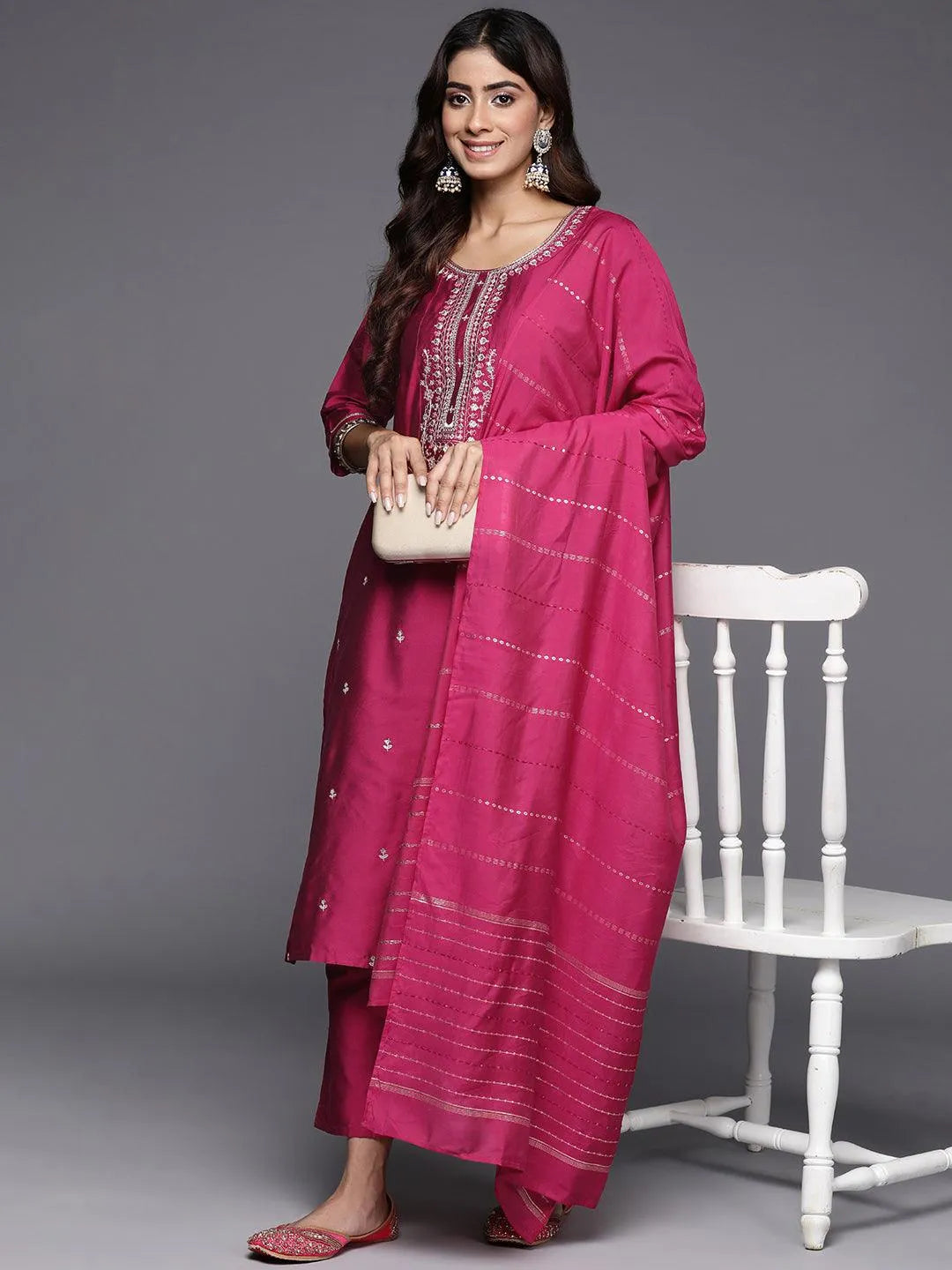 Pink Embroidered Silk Blend Straight Suit With Dupatta