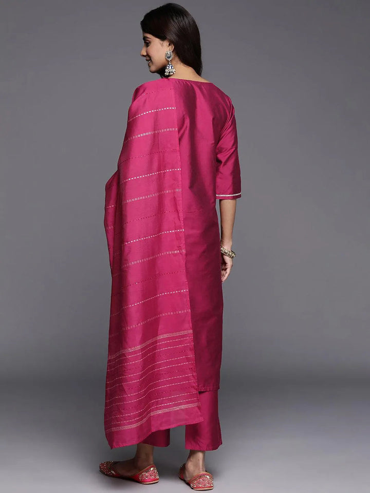 Pink Embroidered Silk Blend Straight Suit With Dupatta