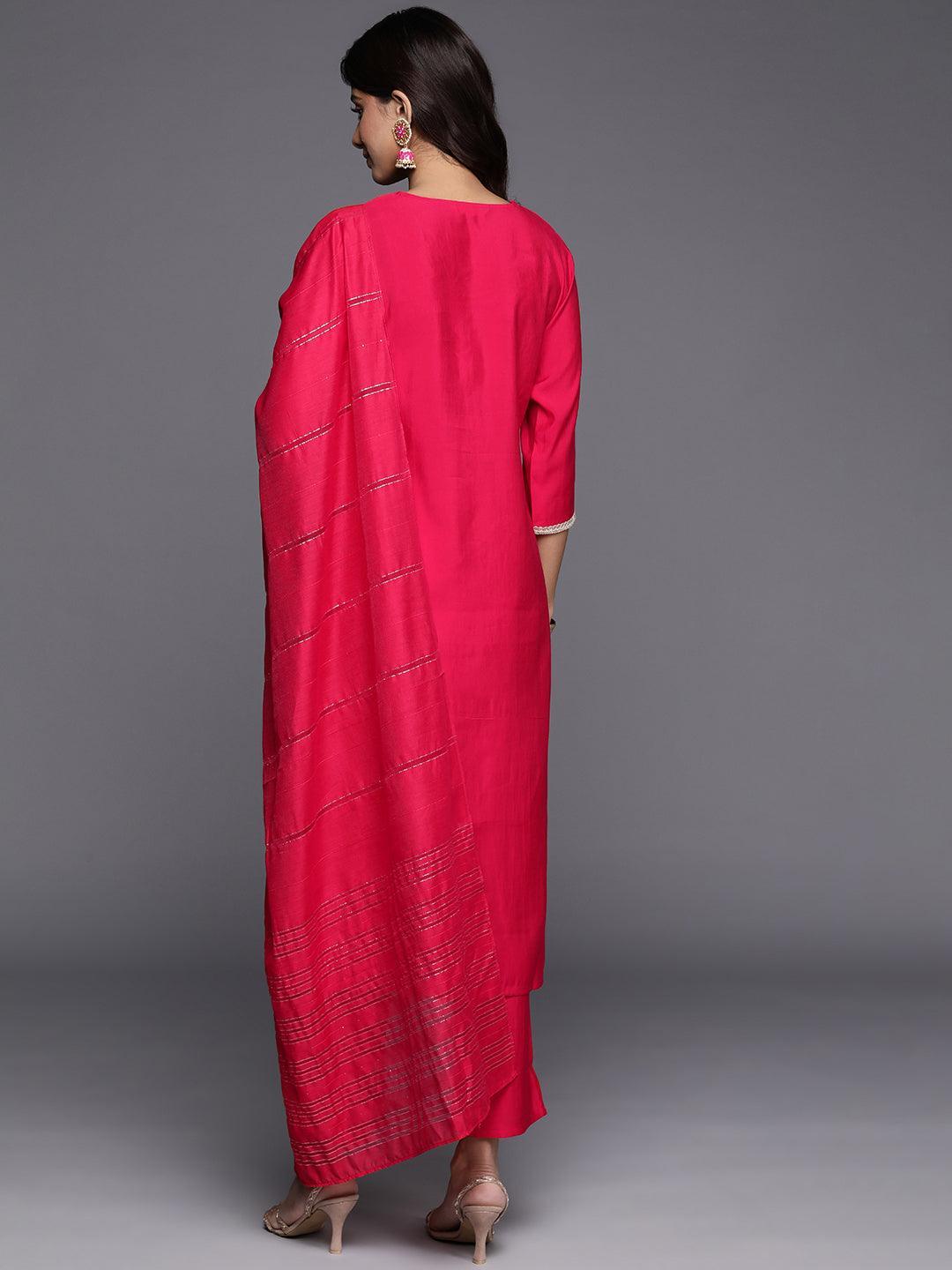 Pink Embroidered Silk Blend Straight Kurta With Trousers & Dupatta - Libas 