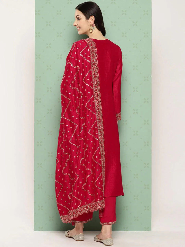 Pink Embroidered Silk Blend Straight Suit With Dupatta