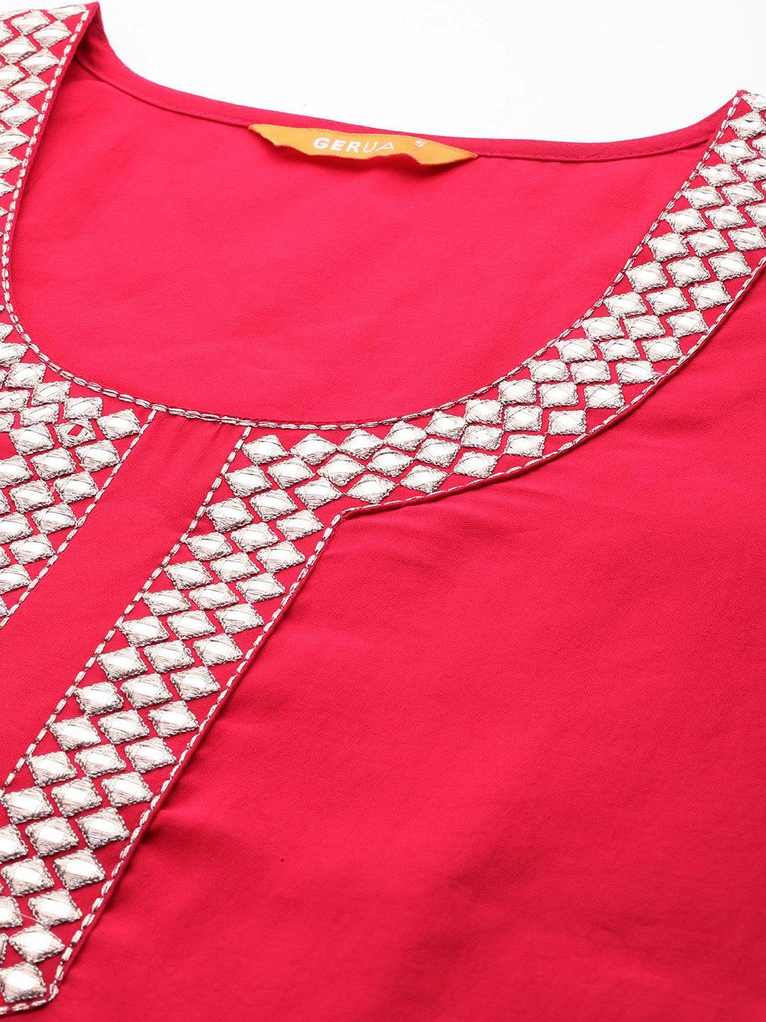 Pink Embroidered Silk Blend Straight Kurta With Trousers & Dupatta - Libas 