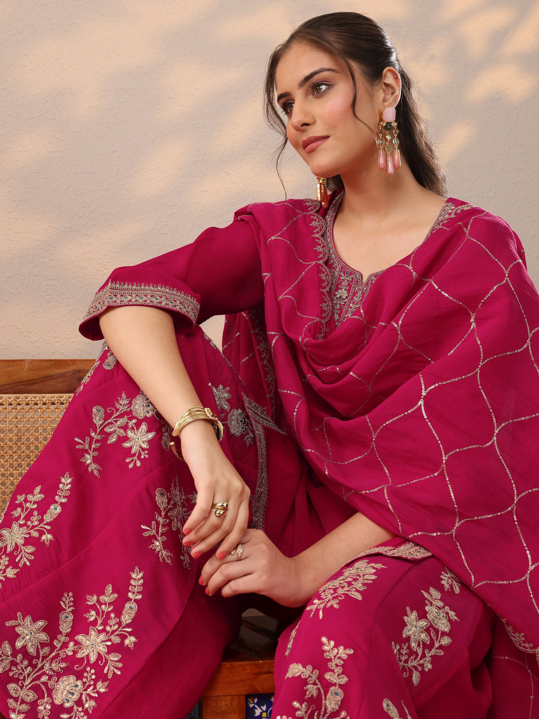 Pink Embroidered Silk Blend Straight Suit Set With Dupatta