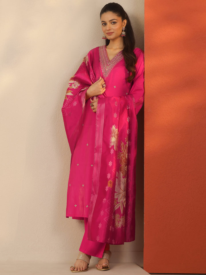 Pink Embroidered Silk Blend Straight Suit Set With Dupatta