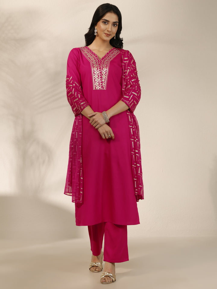 Pink Embroidered Silk Blend Straight Suit Set With Dupatta