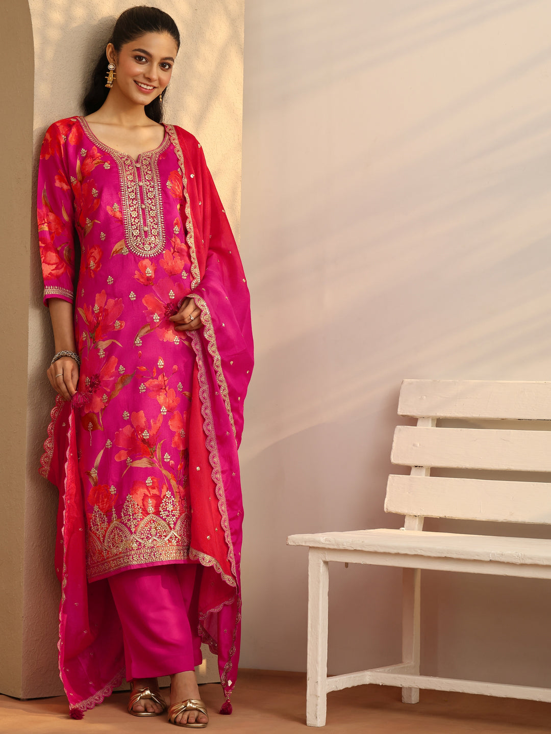 Pink Embroidered Silk Blend Straight Suit Set With Dupatta