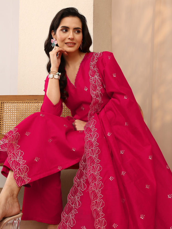 Pink Embroidered Silk Blend Straight Suit Set With Dupatta