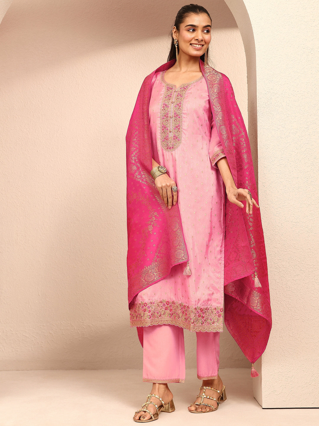 Pink Embroidered Silk Blend Straight Suit Set With Dupatta