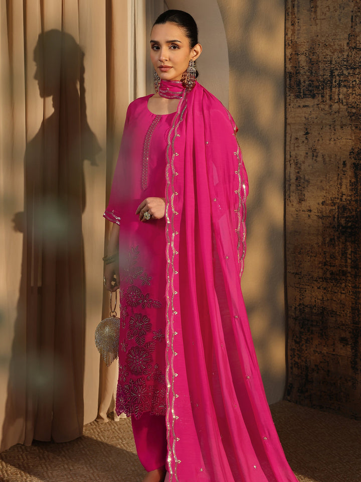 Pink Embroidered Silk Blend Straight Suit Set With Dupatta