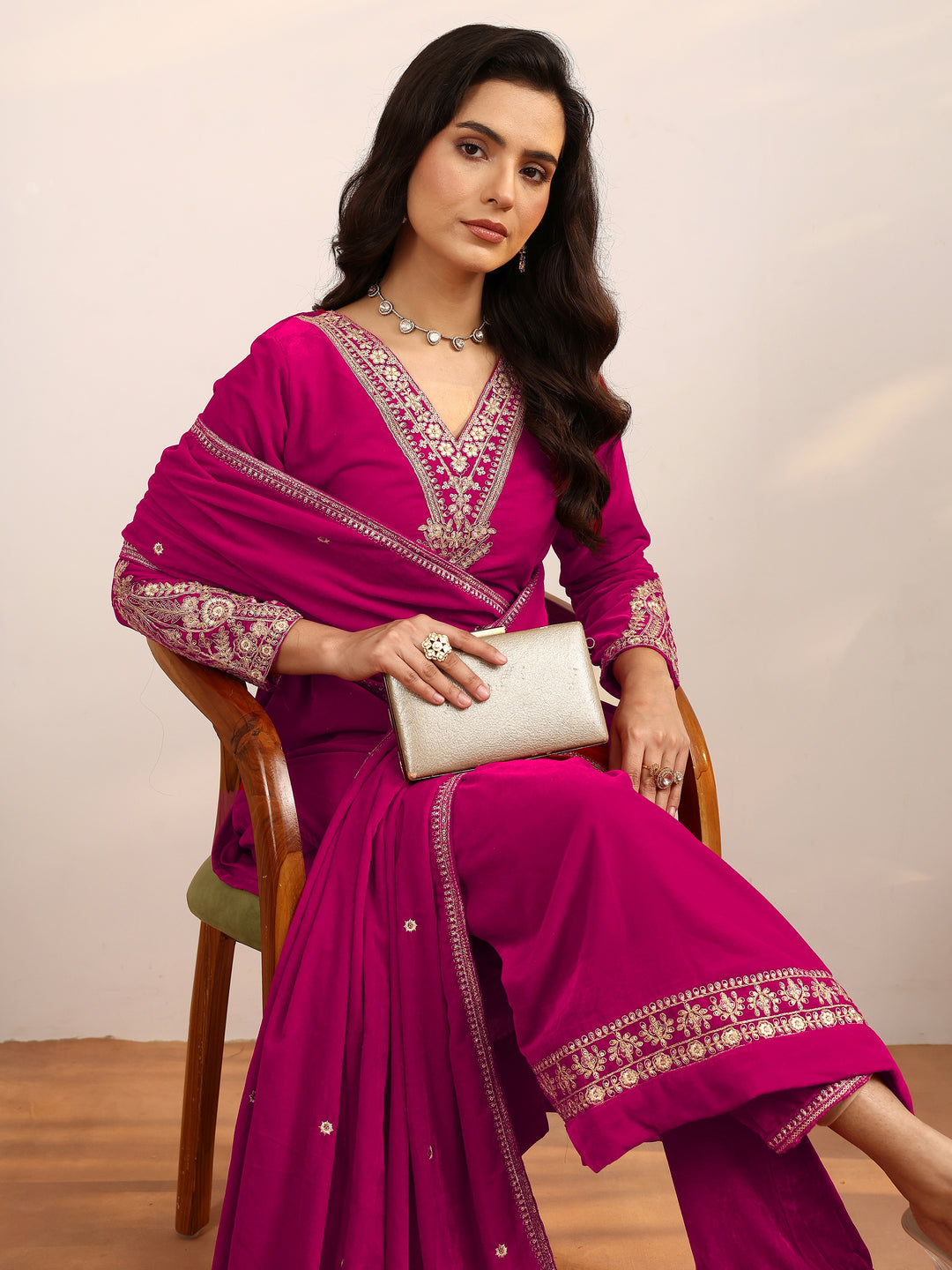 Pink Embroidered Velvet Straight Suit Set With Dupatta