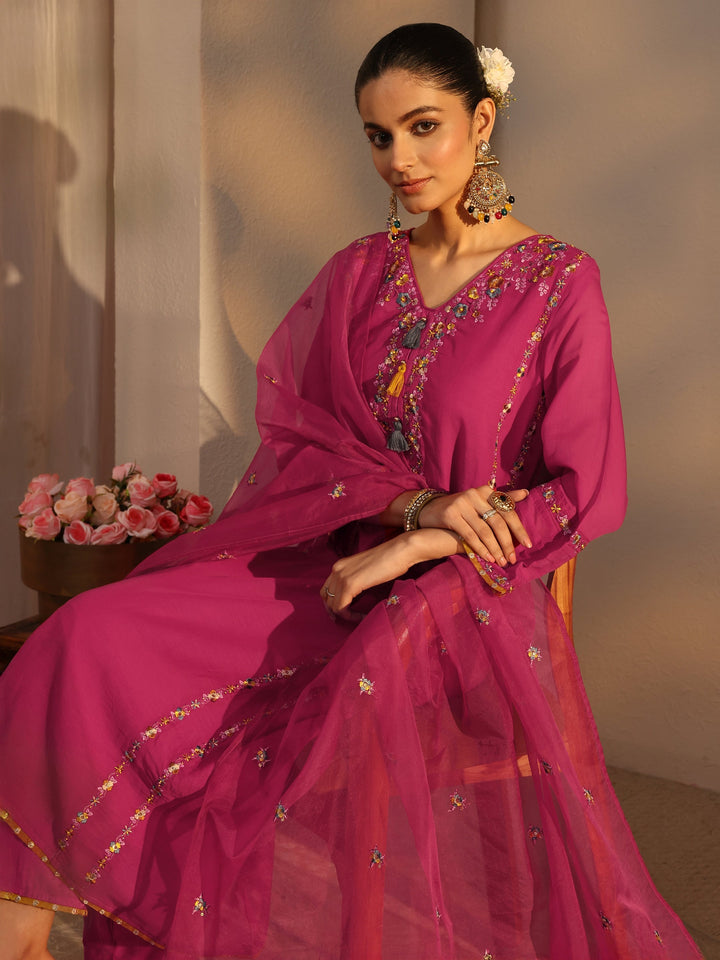 Pink Ethnic Embroidered Chanderi Cotton Straight Suits Set With Dupatta