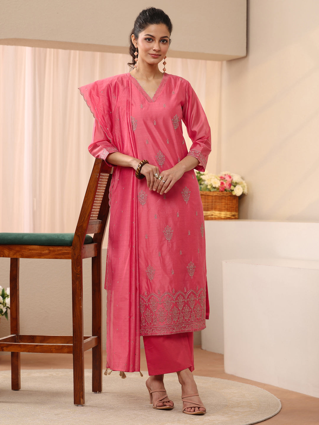 Pink Ethnic Embroidered Chanderi Silk Straight Suit Set