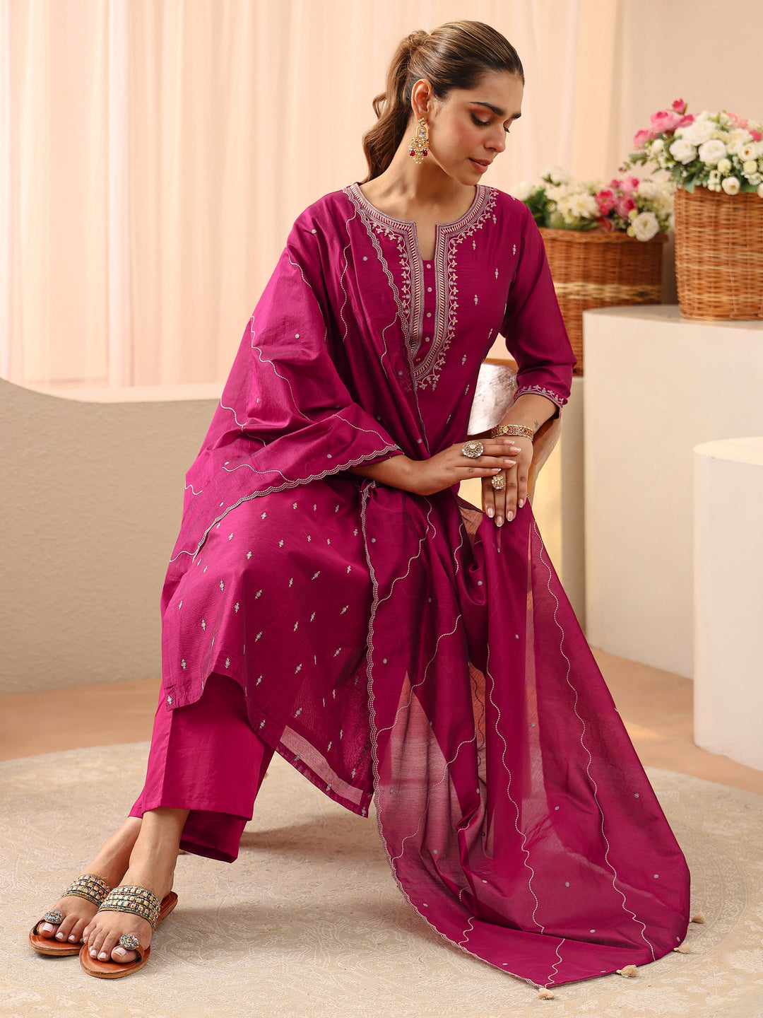 Pink Ethnic Embroidered Chanderi Silk Straight Suit Set