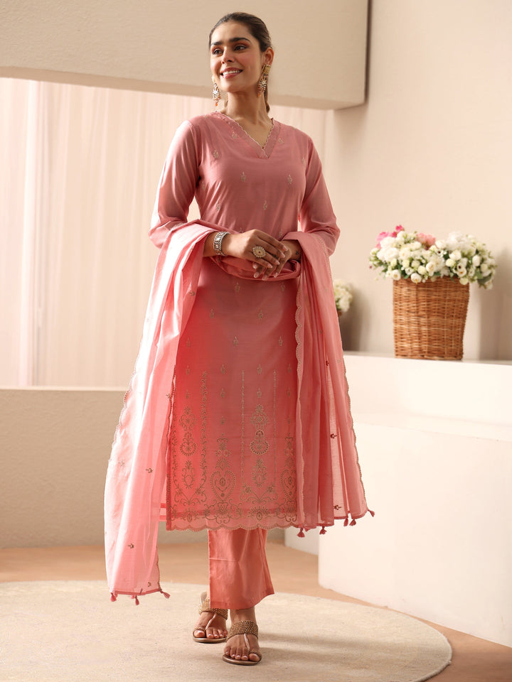 Pink Ethnic Embroidered Chanderi Silk Straight Suit Set