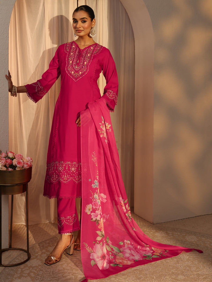 Pink Ethnic Embroidered Silk Blend A-Line Suits Set With Dupatta