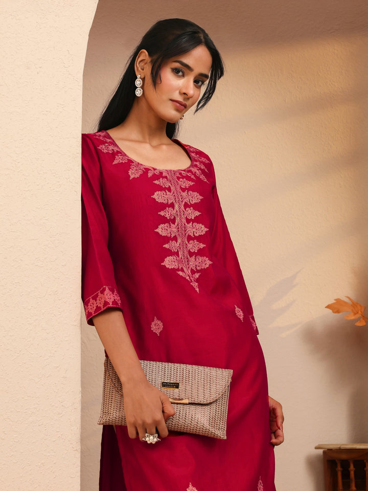 Libas Rani Pink Ethnic Embroidered Silk Blend Straight Kurta