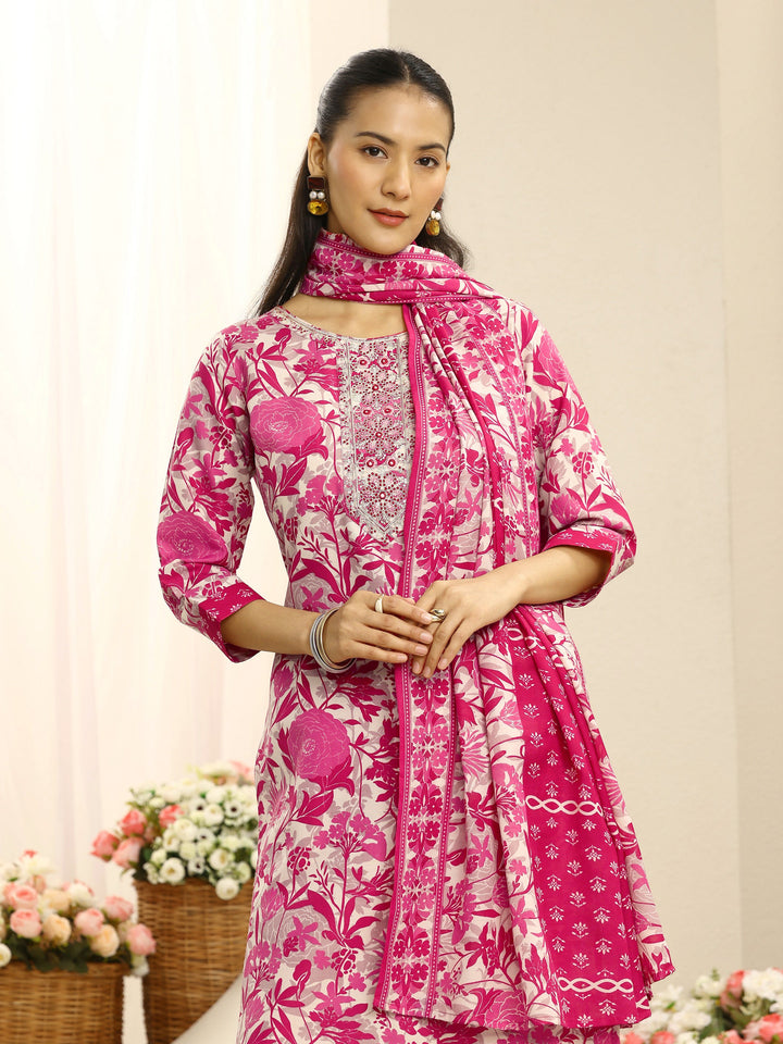 Pink Ethnic Motif Printed Cotton Blend Straight Suit Set With Dupatta
