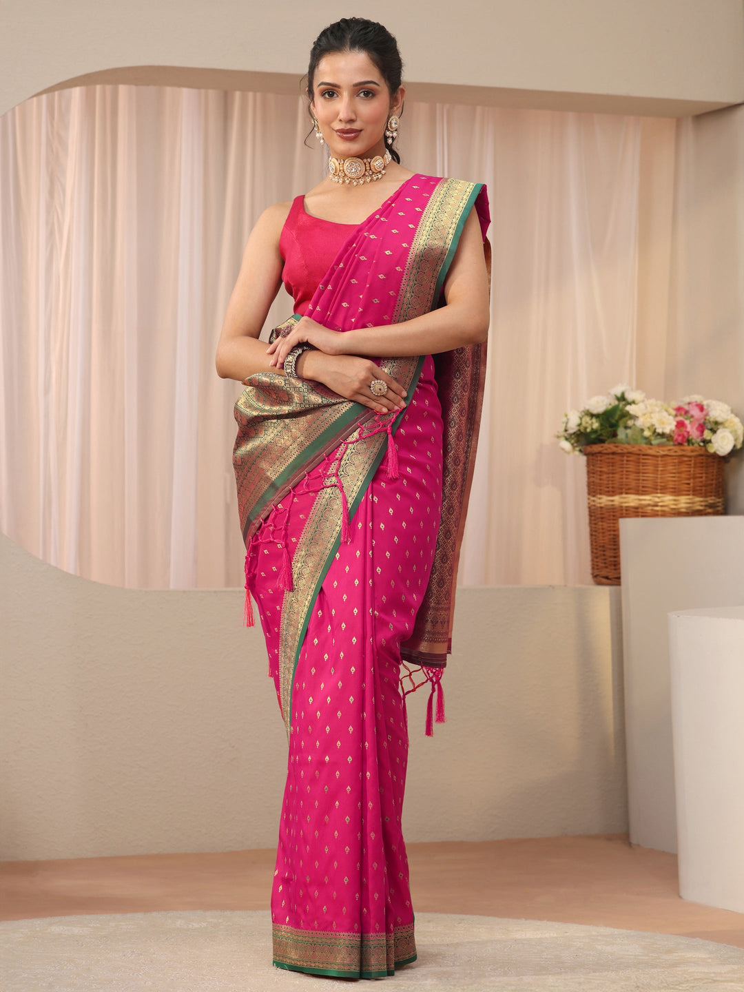 Libas Pink Kanjeevaram Silk Blend Saree