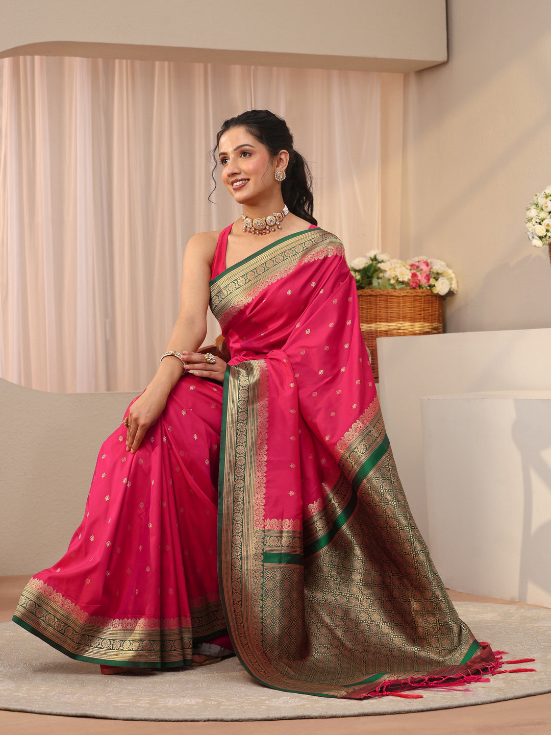 Pink Ethnic Motif Self Design Silk Blend Saree