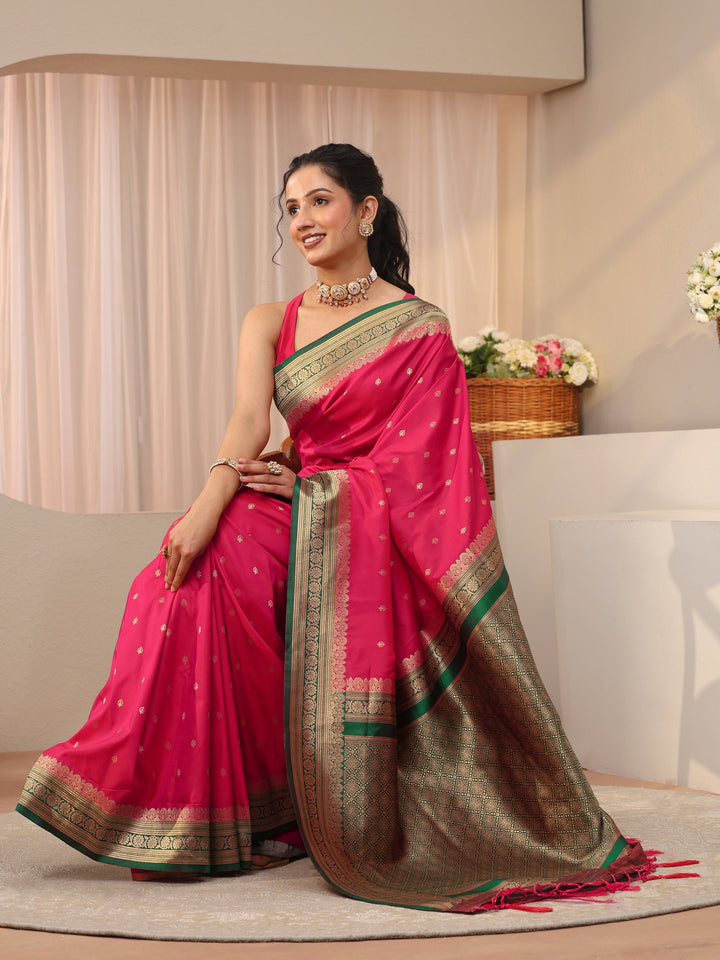 Pink Ethnic Motif Self Design Silk Blend Saree