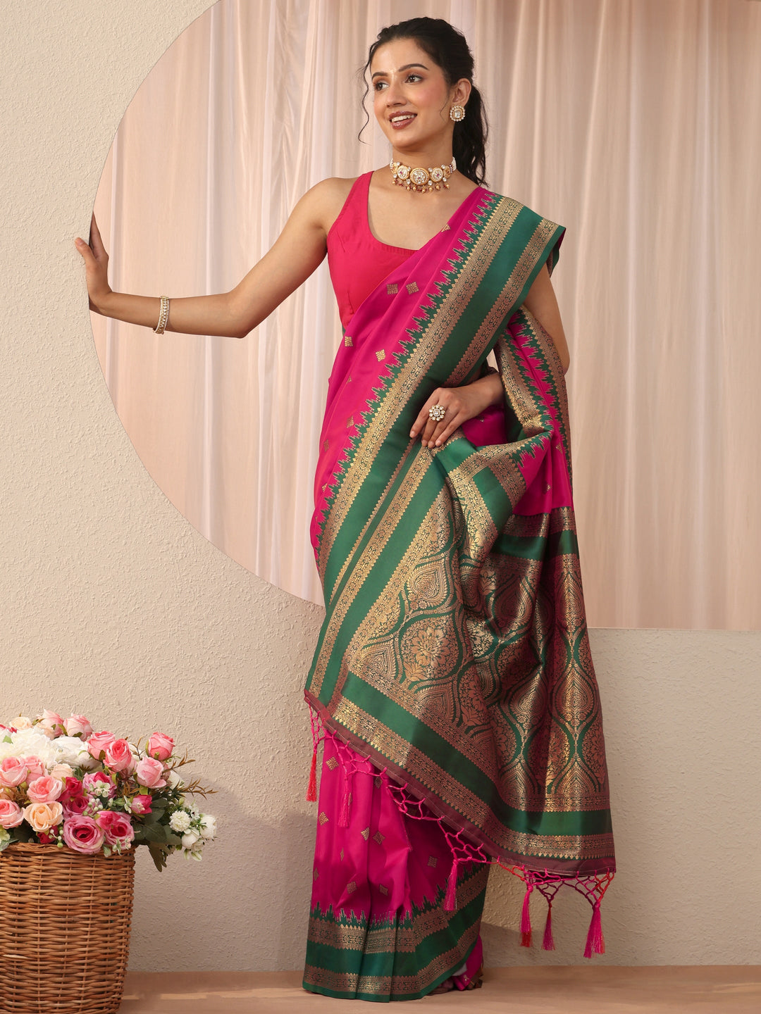 Pink Ethnic Motif Self Design Silk Blend Saree