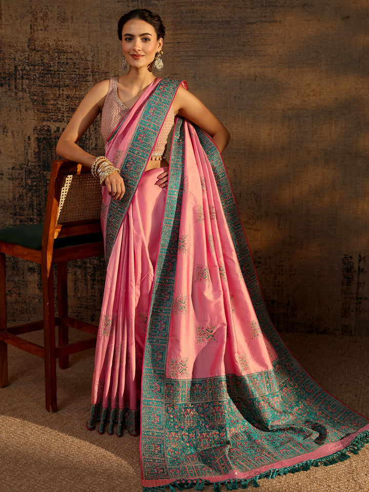 Pink Ethnic Motifs Embroidered Silk Blend Saree With Unstitched Blouse Piece