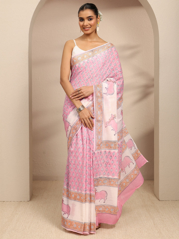 Pink Ethnic Motifs Printed Cotton Blend Saree With Unstitched Blouse Piece