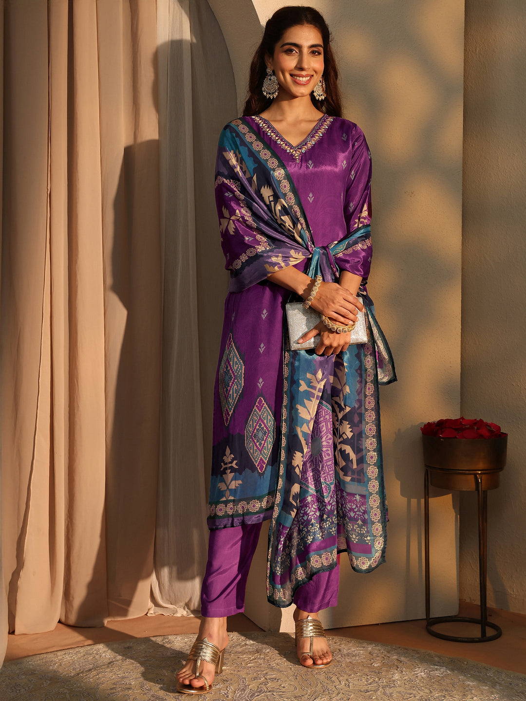 Pink Ethnic Motifs Printed Silk Crepe Straight Suit Set With Dupatta